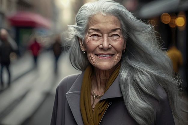 Generative AI illustration of beautiful 60 year old woman with gray hair on the streets of New York