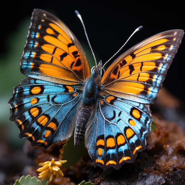 Generative ai illustration of a beautiful blue yellow orange butterfly isolated on a white background