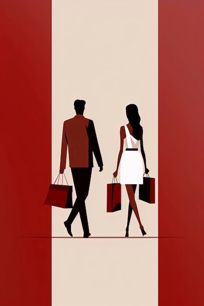 Generative AI illustration of beautiful shopping couple with bags in hands in minimal vector style Digital art