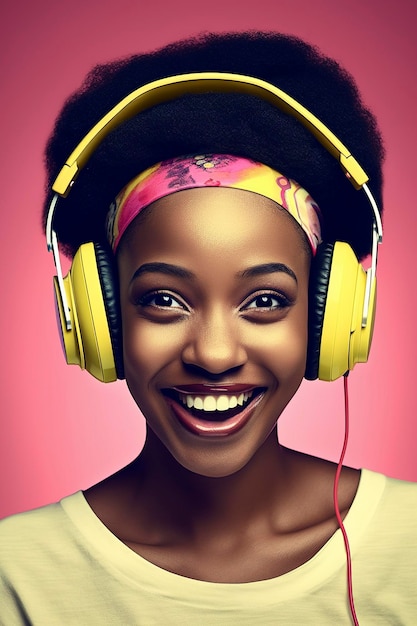 Generative AI illustration of Beautiful young black girl with afro hair listening to music on headphones