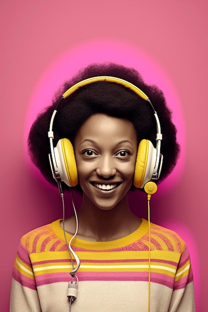 Generative AI illustration of Beautiful young black girl with afro hair listening to music on headphones