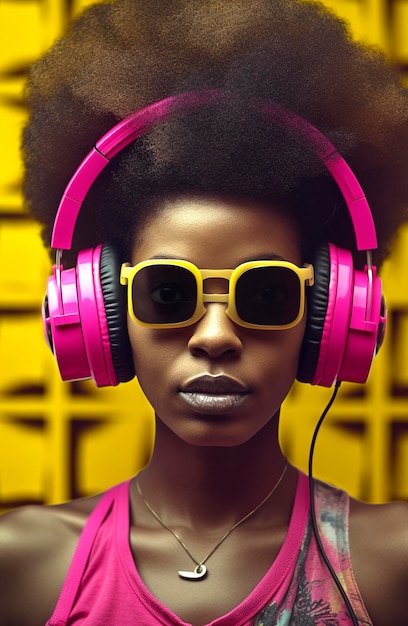 Generative AI illustration of Beautiful young black girl with afro hair listening to music on headphones