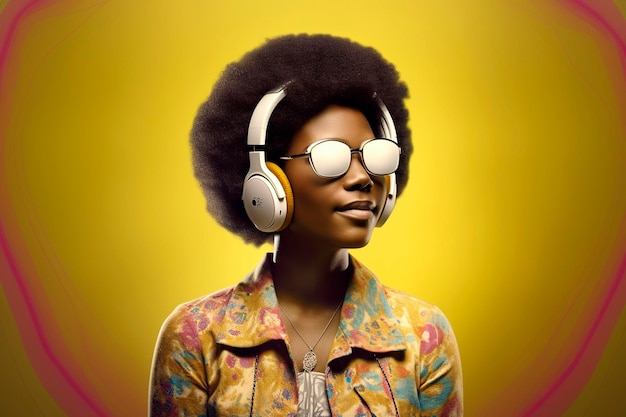 Generative AI illustration of Beautiful young black girl with afro hair listening to music on headphones