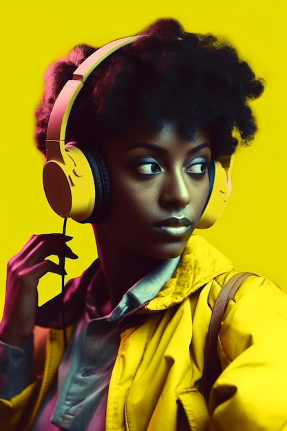 Generative AI illustration of Beautiful young black girl with afro hair listening to music on headphones