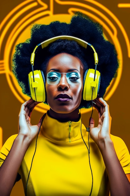 Generative AI illustration of Beautiful young black girl with afro hair listening to music on headphones