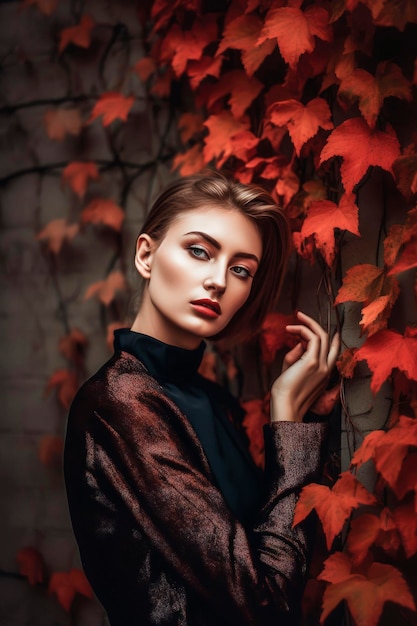 Generative AI illustration of Beautiful young caucasian woman with background of red leaves in autumn colors dressed in the latest fashion