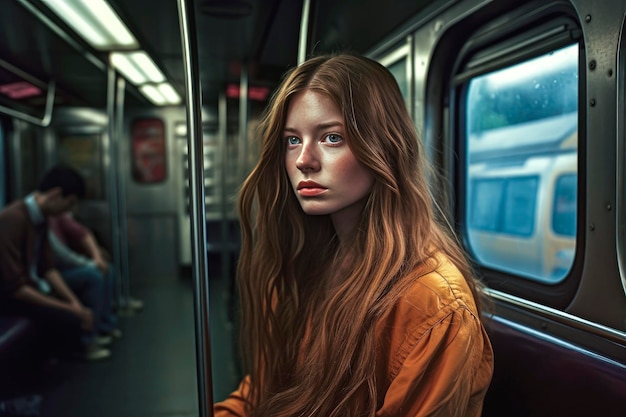 Generative AI illustration Beautiful young girl with long hair in the New York subway