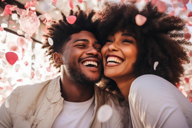 Photo generative ai illustration of cheerful black couple laughing while celebrating saint valentine39s day surrounded by red and pink confetti