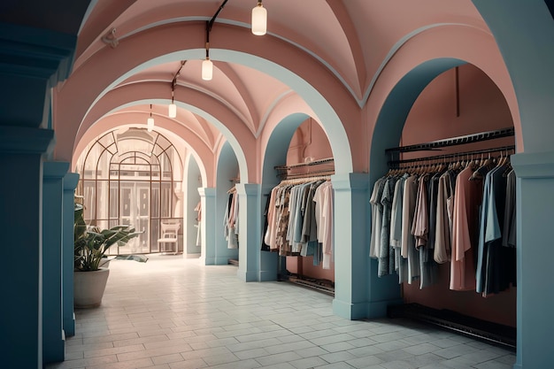 Generative AI illustration of Clothing store of luxury clothes with arch architecture decorated in pastel colors