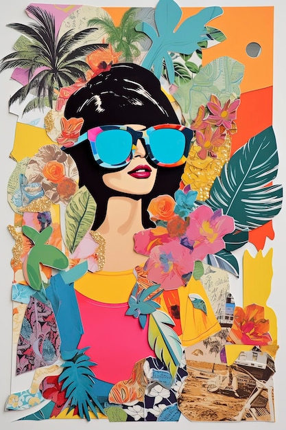 Generative AI illustration of Cool trendy collage of summer in the beach handmade on scrapbook paper with vibrant colors