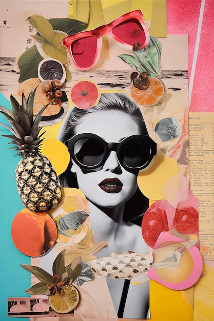 Generative AI illustration of Cool trendy collage of summer in the beach handmade on scrapbook paper with vibrant colors