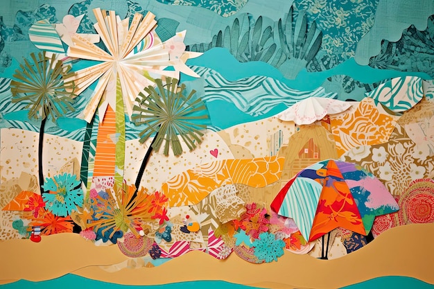 Generative AI illustration of Cool trendy collage of summer in the beach handmade on scrapbook paper with vibrant colors