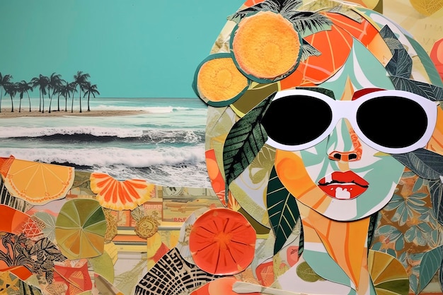 Generative AI illustration of Cool trendy collage of summer in the beach handmade on scrapbook paper with vibrant colors