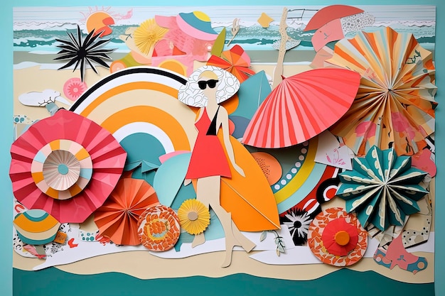 Generative AI illustration of Cool trendy collage of summer in the beach handmade on scrapbook paper with vibrant colors