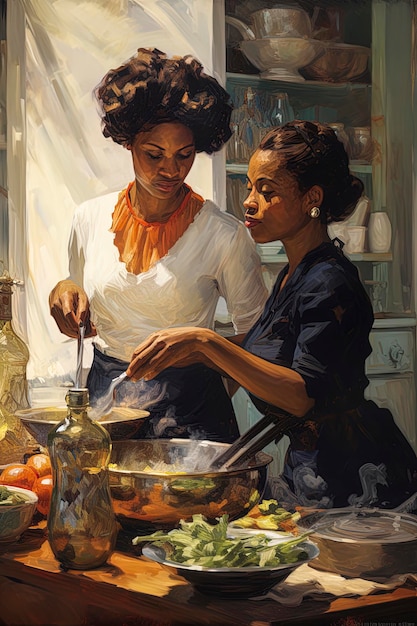 Generative AI illustration of couple of beautiful black women cooking together in a classic kitchen Illustration styleDigital art