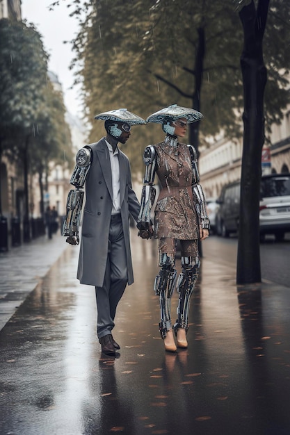 Generative AI illustration of couple of man and woman artificial intelligence robots in love dressed in trendy suits with sunglasses hat and umbrella walking through the streets