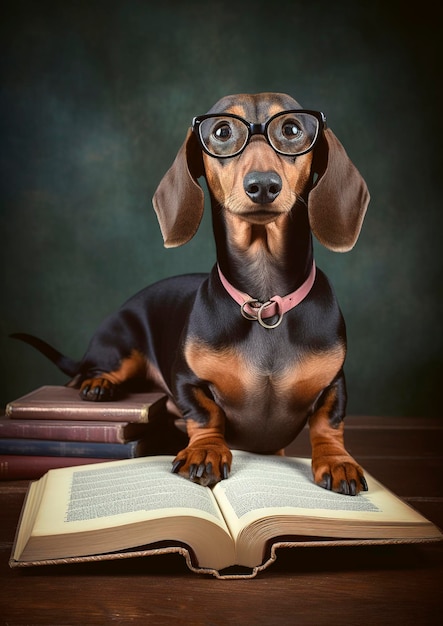 Generative AI illustration of Cute dachshund dog with glasses and a book learning at school