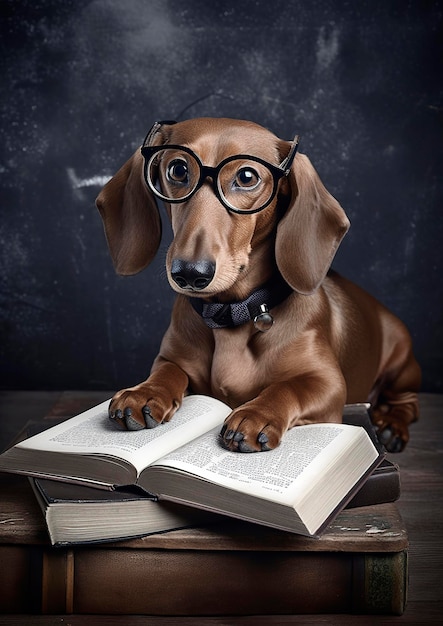 Generative AI illustration of Cute dachshund dog with glasses and a book learning at school