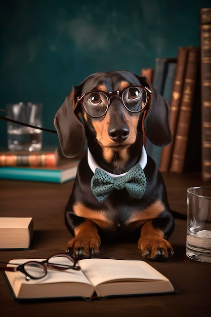 Generative AI illustration of Cute dachshund dog with glasses and a book learning at school