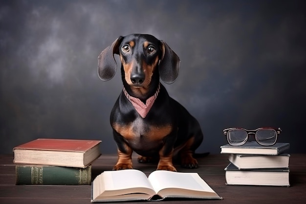 Generative AI illustration of Cute dachshund dog with glasses and a book learning at school