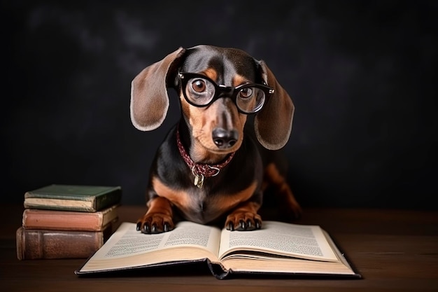 Generative AI illustration of Cute dachshund dog with glasses and a book learning at school