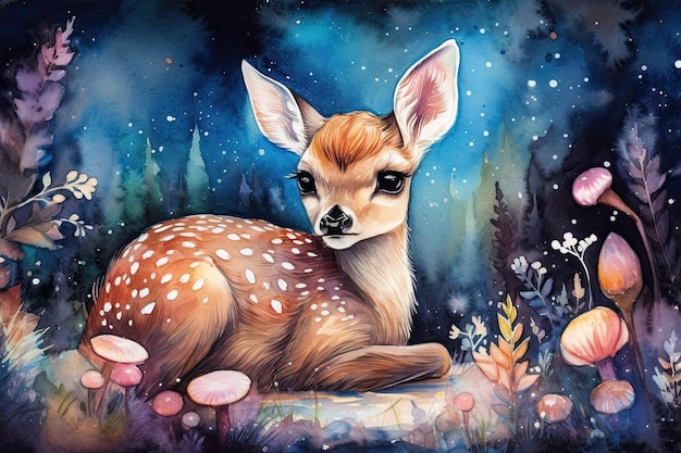 Generative AI illustration Cute watercolor baby fawn on a dark forest background