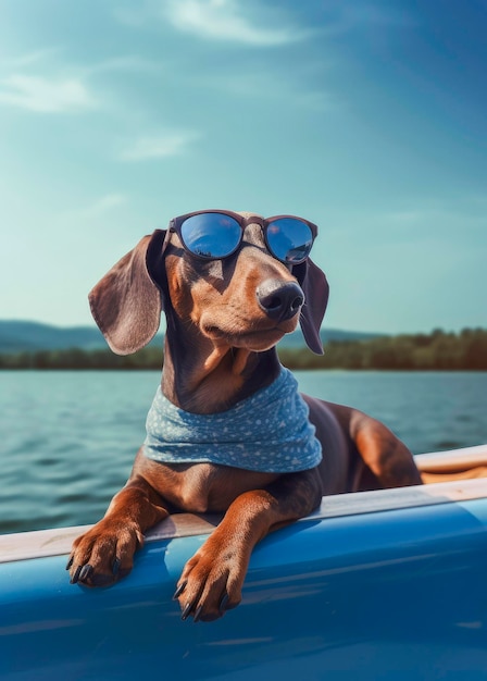 Generative AI illustration of Dachshund dog wearing sunglasses on vacation sitting in a hammock