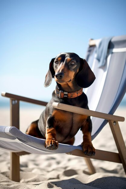 Generative AI illustration of Dachshund dog wearing sunglasses on vacation sitting in a hammock