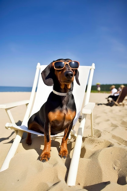 Generative AI illustration of Dachshund dog wearing sunglasses on vacation sitting in a hammock