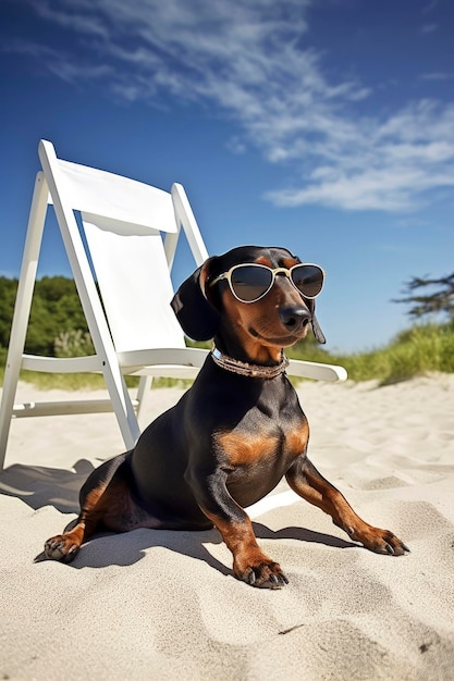 Generative AI illustration of Dachshund dog wearing sunglasses on vacation sitting in a hammock