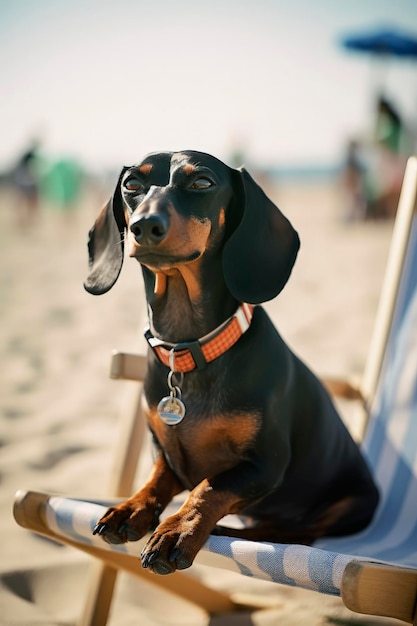 Generative AI illustration of Dachshund dog wearing sunglasses on vacation sitting in a hammock