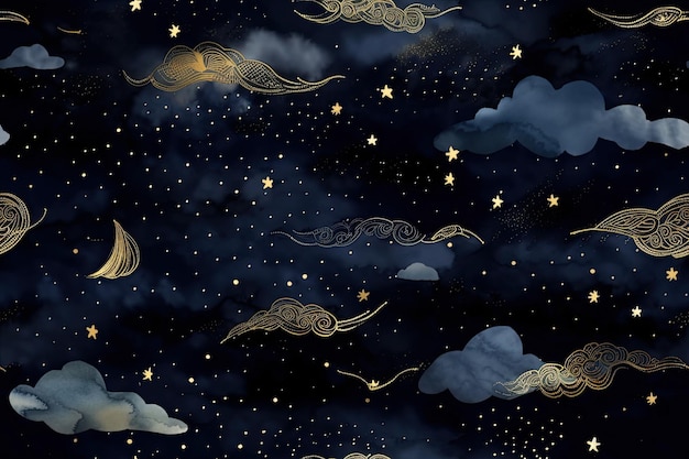 Generative AI illustration dark blue seamless pattern with gold foil constellations stars and clouds Watercolor background of the night sky