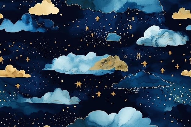 Generative AI illustration dark blue seamless pattern with gold foil constellations stars and clouds Watercolor background of the night sky