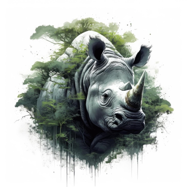 Generative ai illustration of a detailed drawing illustration of a Rhinoceros in a jungle setting