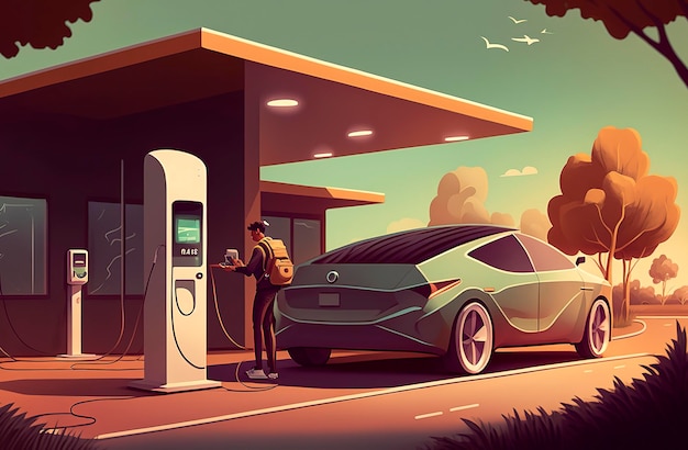 Generative AI illustration of electric car charging the battery respecting the environment