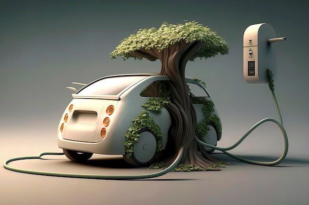 Generative AI illustration of electric car charging the battery respecting the environment