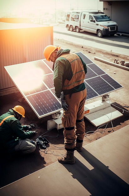 Generative AI illustration of Electrician in safety helmet uniform and working gloves setting a shiny new solar panel