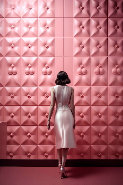 Generative AI illustration of Elegant and attractive 30yearold woman with her back turned to a futuristic wall dressed in a luxurious leather dress