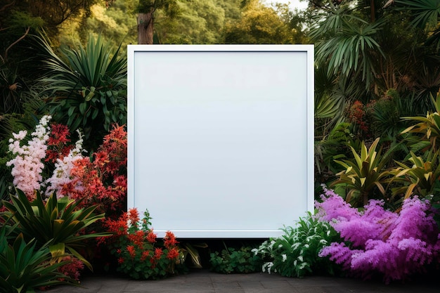 Generative AI illustration of an empty white outdoor panel mockup on building on a terrace surrounded by plants and flowers advertising concept