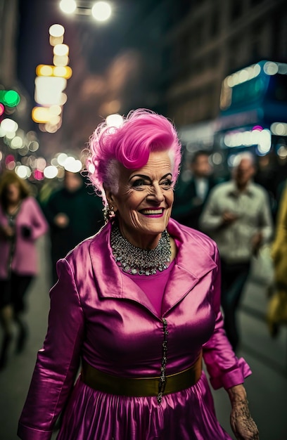 Generative AI illustration of funny 65 year old woman with magenta hair having fun on the streets