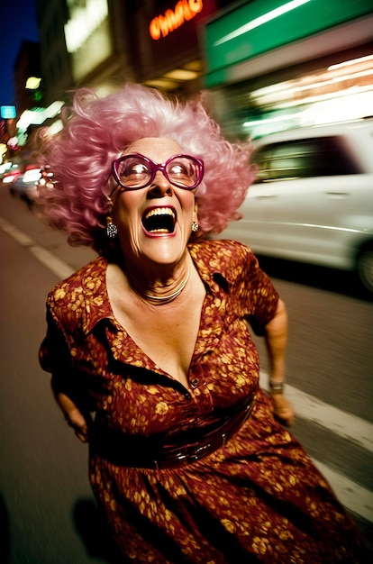 Generative AI illustration of funny 65 year old woman with magenta hair having fun on the streets