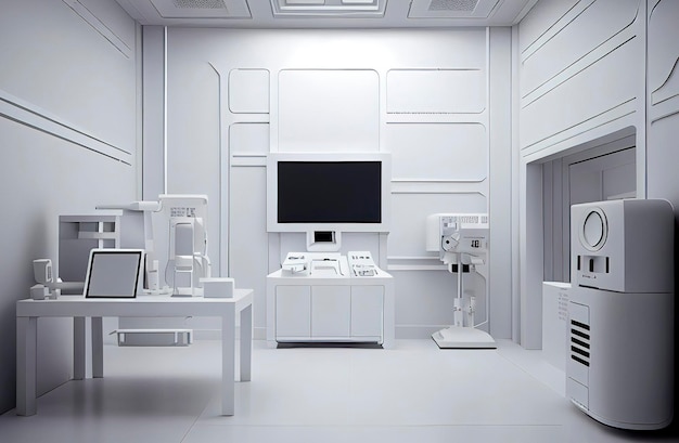 Generative AI illustration of futuristic and minimalist doctor's office all in white