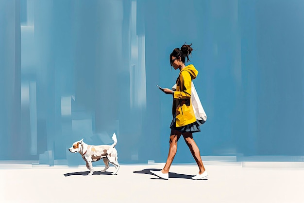 Generative AI illustration of Girl walking down the street with a dog and smartphone in oil paint style Digital art