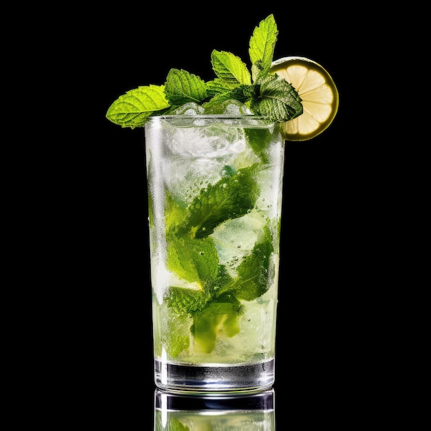 Generative ai illustration of glass of mojito cocktail with lemon and mint