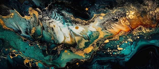 Generative AI illustration in gold and black ink and for an abstract blue marble background Horizontal panoramic background