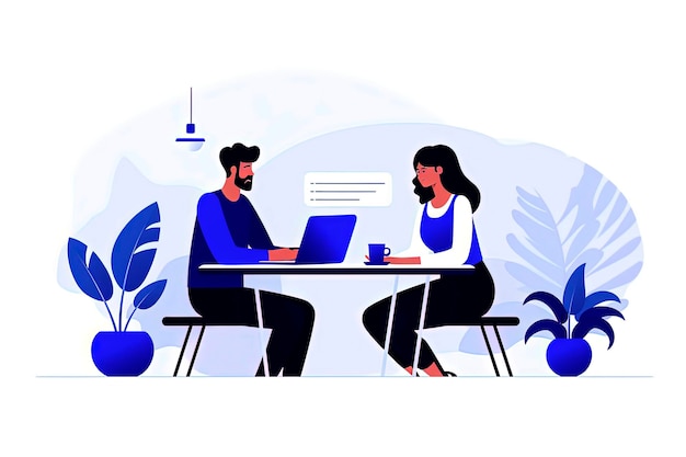 Generative AI illustration of group of young people working in an office with laptop Minimalist style illustration Digital art