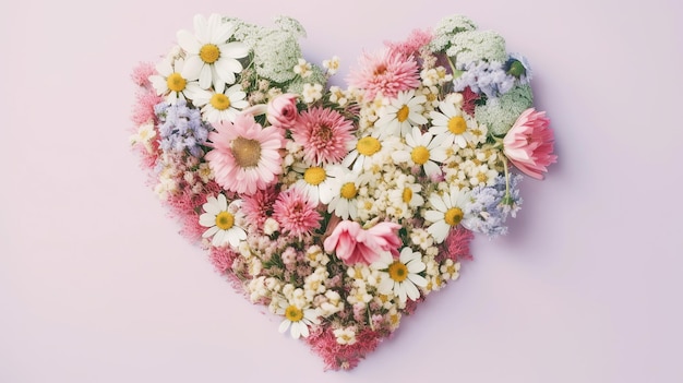 Generative AI illustration A heart shape made of wildflowers on a pastel color background View from above