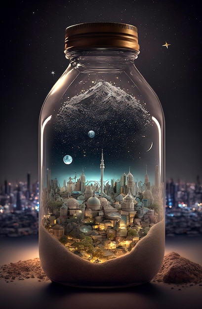 Generative AI illustration of the holy city of Mecca at night encased in a glass jar