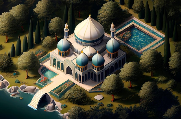 Generative AI illustration of isometric Muslim Mosque calling to prayer of Muslim faithful