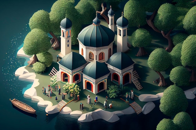 Generative AI illustration of isometric Muslim Mosque calling to prayer of Muslim faithful